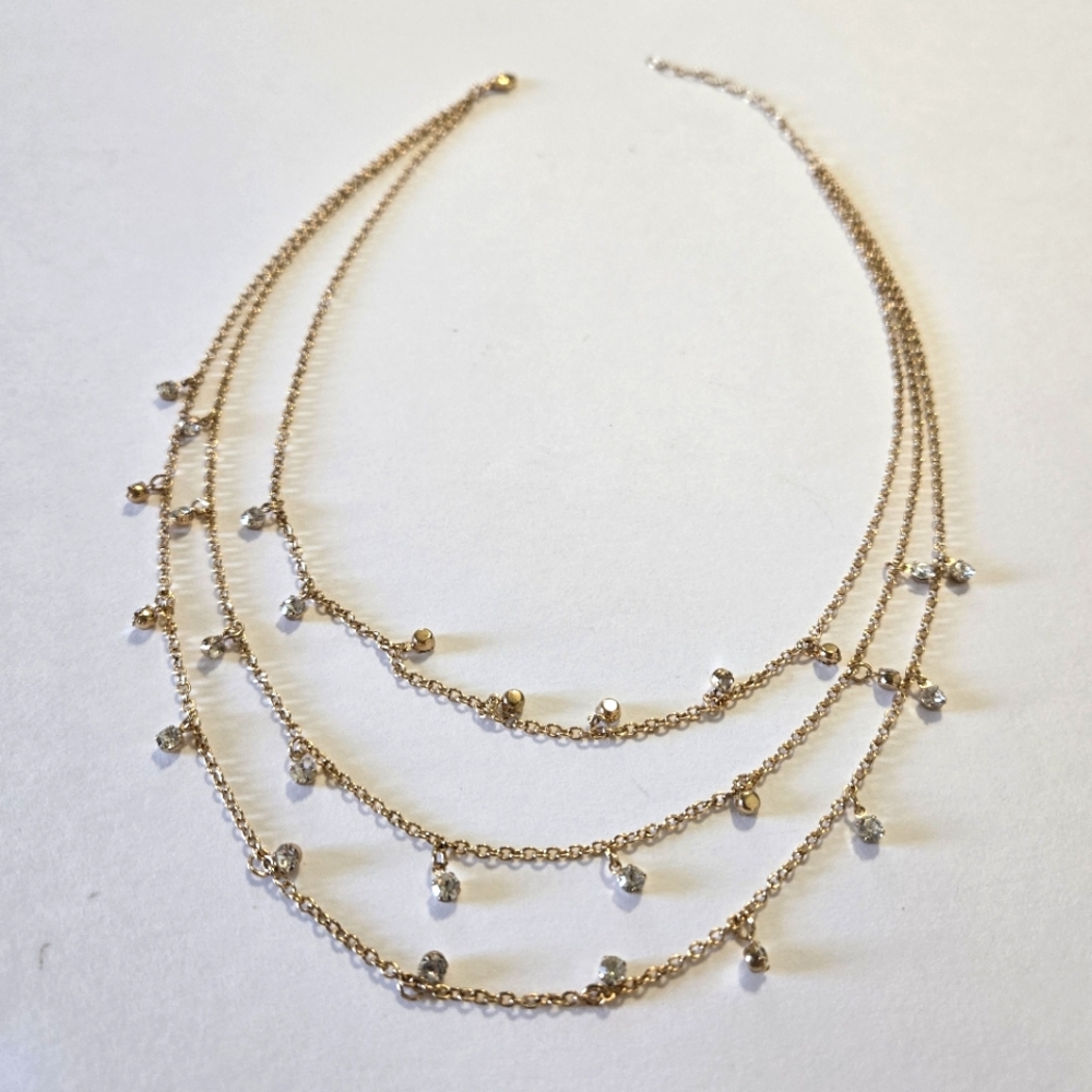 Gold Tone Layered 3 Strand Necklace With White Stones